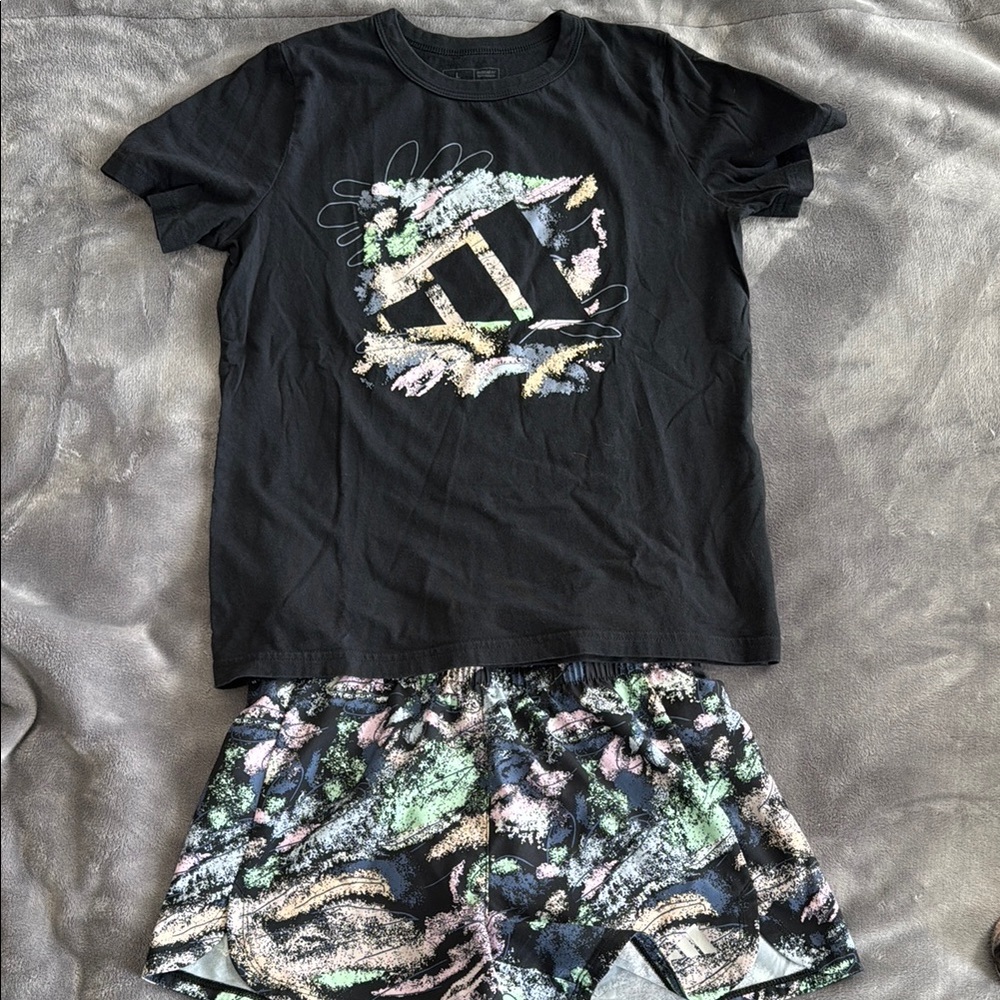 Adidas Girls Black Graphic T-Shirt and Shorts Set